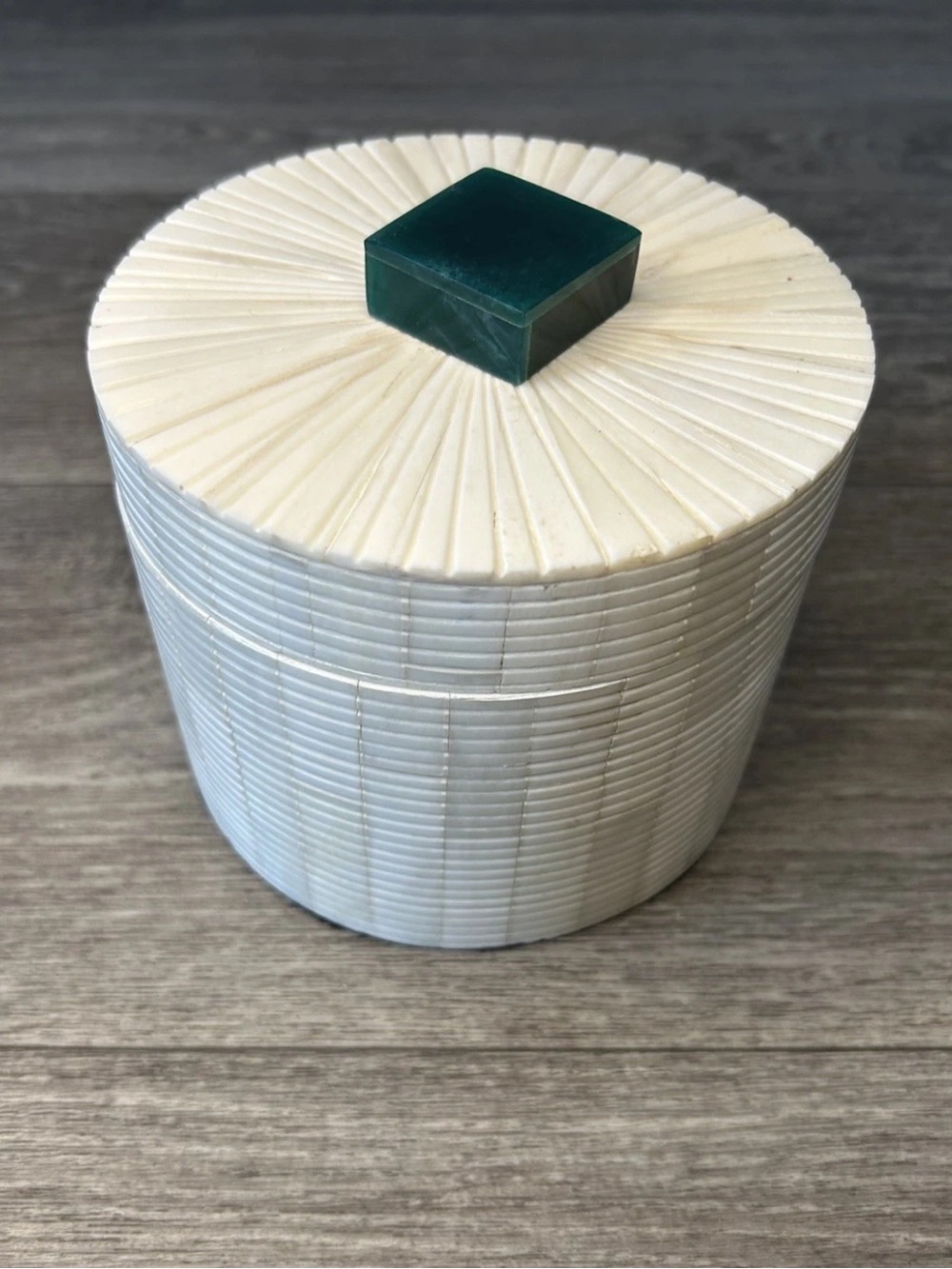 Vintage Indian Bone Tile Trinket Box White Sunburst Green Finial 5”